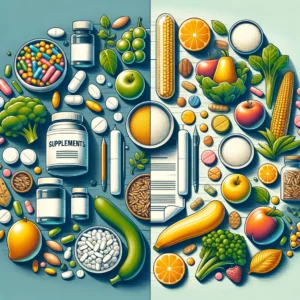 Image de présentation montrant d'un côté des compléments alimentaires et de l'autre des aliments sains, symbolisant le choix entre obtenir des nutriments par l'alimentation ou les suppléments