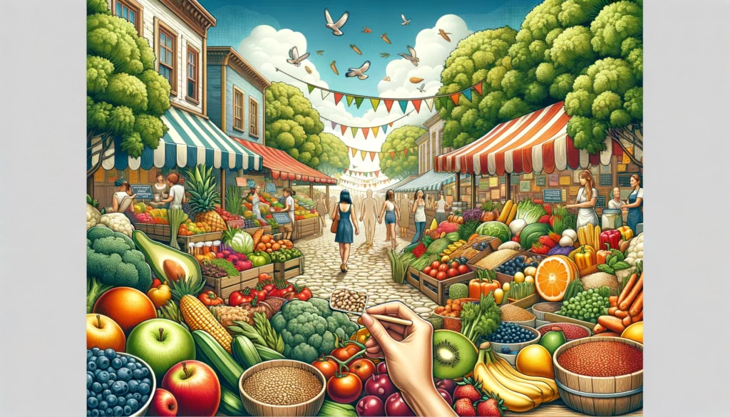 Scène animée d'un marché fermier avec une abondance de produits frais comme des fruits, des légumes et des céréales complètes